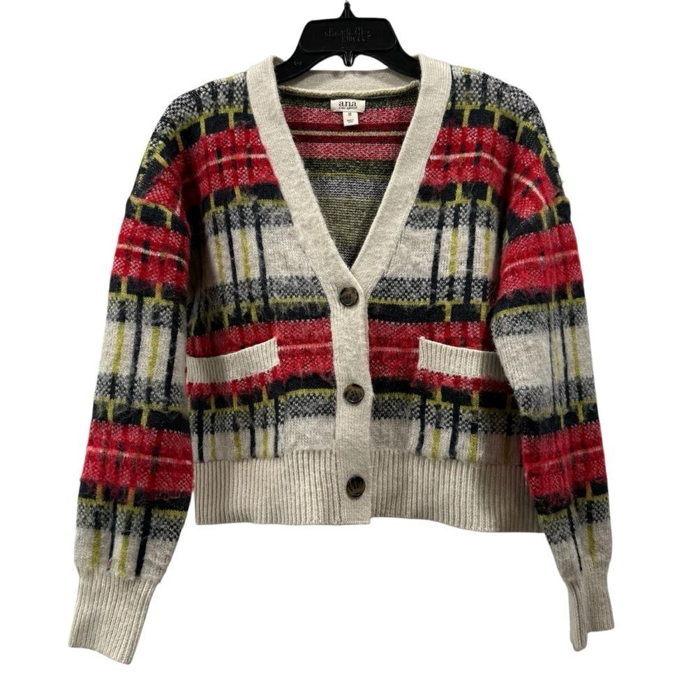 A.N.A A New Approach Plaid Boxy Fuzzy Cardigan Sweater Size XS